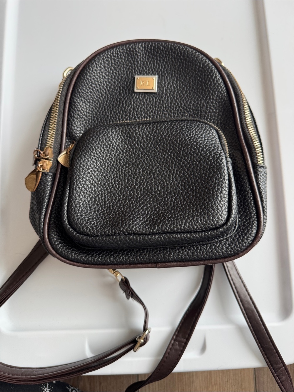 *RL Leather Black Pebbled Mini Backpack with Gold Hardware